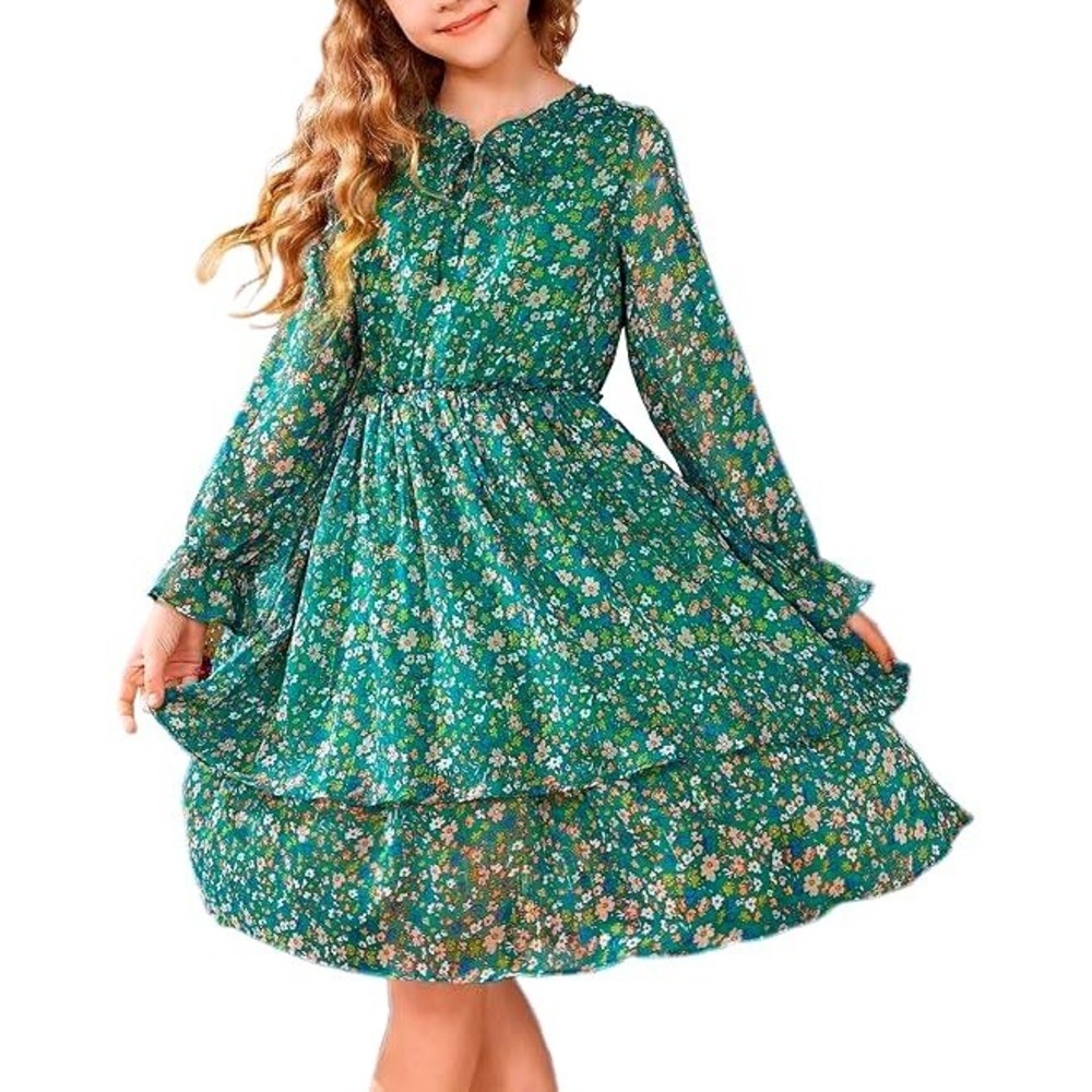 Grace‎ Karin Girls Size 10Y Floral Chiffon Hi-Lo Hem Tiered Party Dress Green